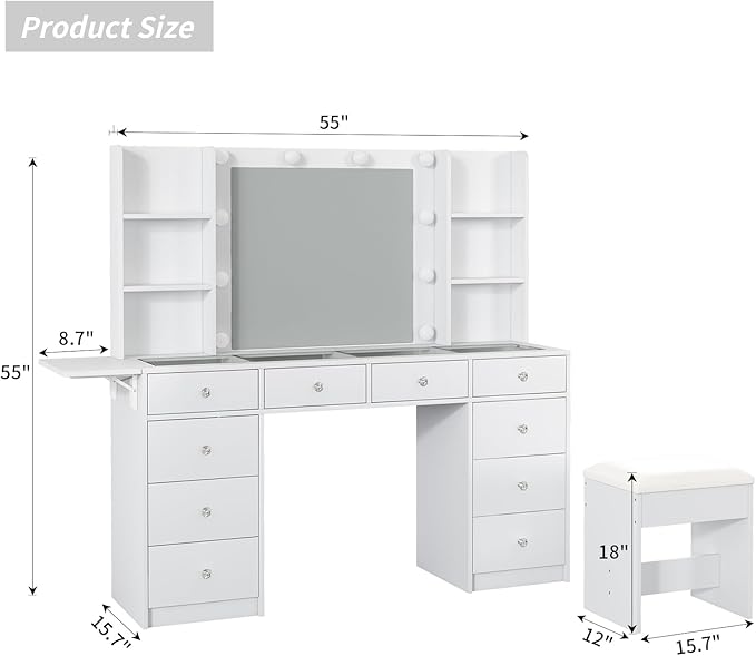 Vanity with Power Outlet, Vanity Desk with Mirror and 10 LED Lights, 10 Drawers Makeup Vanity with 6 Shelves, Fold-up Panel, Dressing Table for Bedroom, White