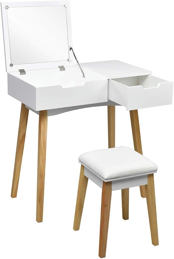 CHARMAID Vanity Table with Flip Top Mirror and Stool, Wooden Makeup Table Writing Desk with Drawer, Storage Compartment, Bedroom White Dressing Vanity Set for Kids Girls Women, Easy Assembly