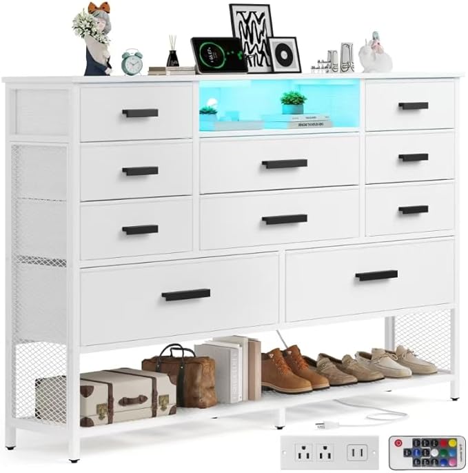 White Dresser for Bedroom, Fabric Chest of Drawers with Charging Station and LED Light, TV Stand Dresser with Shelves for 55" TV, 10 Drawers Dressers with PU Finish for Living Room, Closet