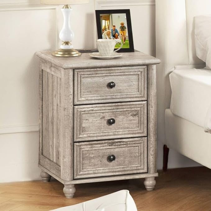 18" Farmhouse Night Stand Set 2, Gray 3 & 3 Drawers Wood Nightstand, Bedside End Table with Storage and Roman Column, Bed Side Tables Cabinet for Bedroom, Living Room, and Closet