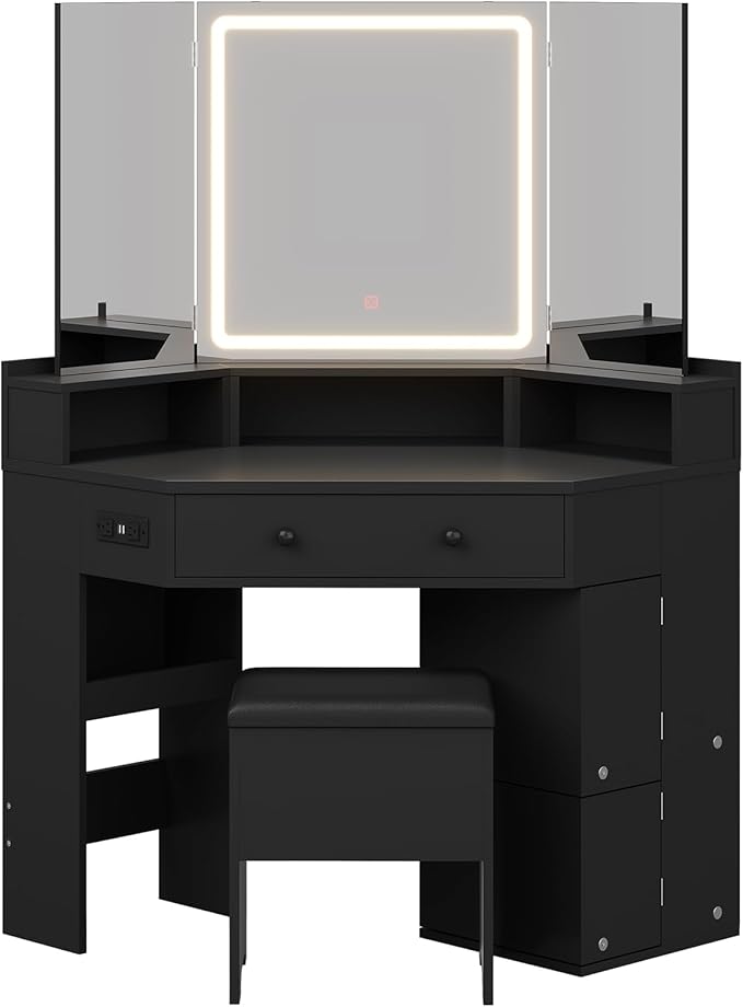 Corner Vanity Desk with Mirror and Lights, Power Outlet & Rotating Shelves, Makeup Vanities with Storage Bench, Drawers, 3 Light Settings, Dimmable for Women Girls, Bedroom, Black