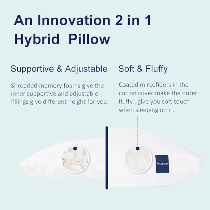 ACCURATEX Hybrid Pillow for Sleeping, Adjustable Shredded Memory Foam Pillow Core with Fluffy Down Alternative Fill Removable Cotton Cover,for Side,Back,Stomach Sleepers,Standard Size