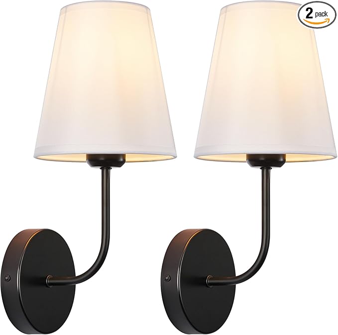 Modern Hardwired Wall Sconce Set of 2 – Matte Black Finish with White Fabric Shades,Farmhouse Bedroom & Living Room Lighting, Hallway, Fireplace, Bathroom