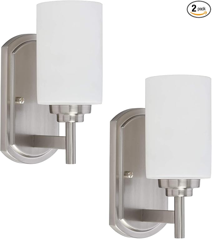 Modern Wall Sconces Set of 2, Bathroom Vanity Lights with White Frosted Glass, Wall Lighting Fixtures Satin Nickel for Entryway Over Mirror Living Room Bedroom