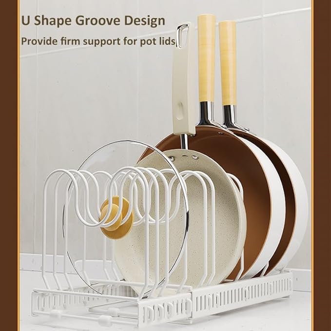 Expandable Pots and Pans Organizer Rack, Pot Lid Kitchen Cabinet Organizer Holder with 10 Adjustable Compartment, Cookware Rack for Kitchen Cabinet Storage, White