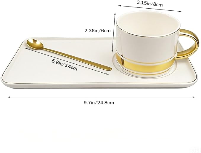 tea Cups and Saucers Set of 6, 8 oz, Ceramic Turkish Coffee Cup With Gold Trim for Cappuccino, Latte, Mocha, Au Lait, Espresso, White