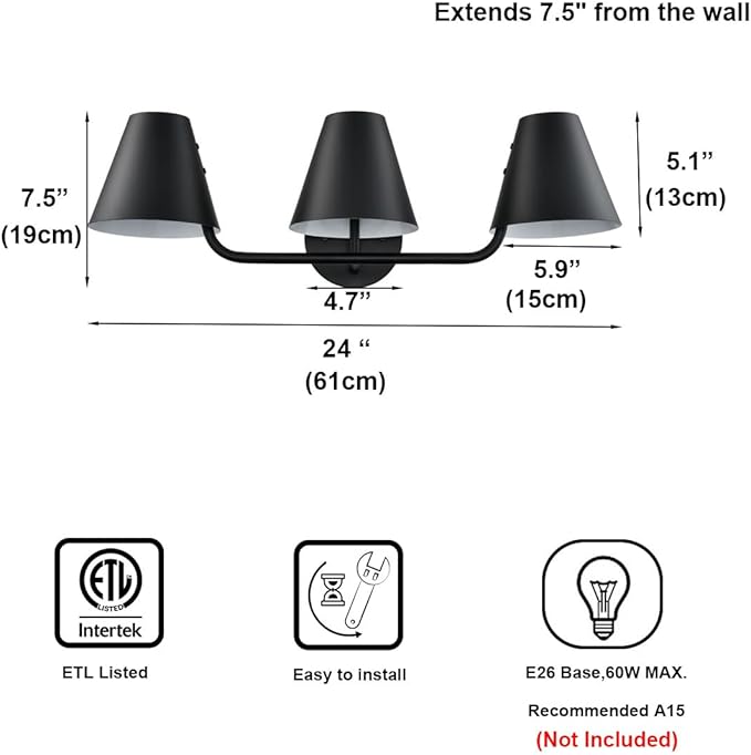 DIRYZON 3 Light Bathroom Vanity Light,Industrial Black Wall Sconces,Rustic Wall Light Fixtures with Metal Shade for Hallway Kitchen Sink