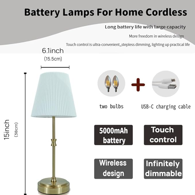 Cordless Table Lamp Rechargeable Vintage Gold-5000mAh Battery Operated Lamp for Decor, 2700K Stepless Dimming Touch Control Wireless Lamp for Bedroom, Living Room, Office, Dormitory
