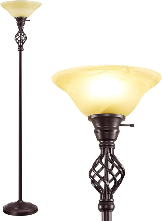 Torchiere Floor Lamp for Living Room, LED Standing Reading Light for Bedroom with Glass Shade for Living Room Corner Bedroom Home Office,Bulbs Included (Yellow Lampshade, Glass 1 Head)