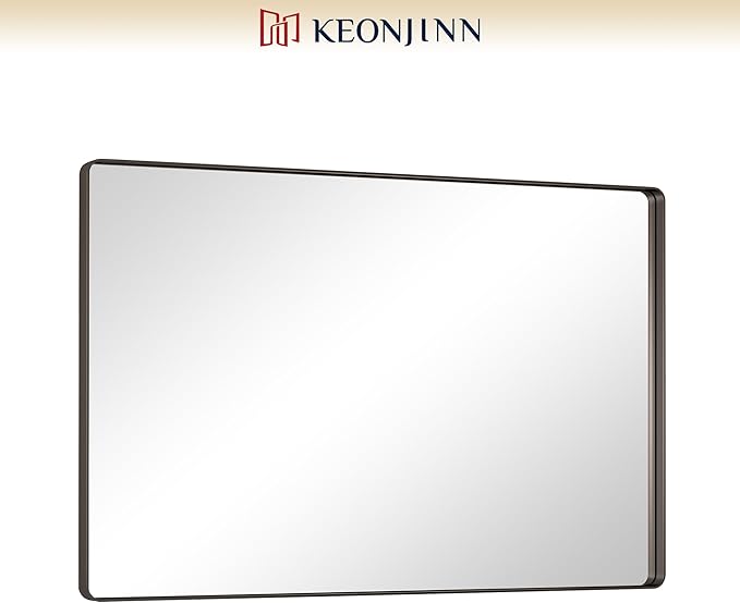 Keonjinn Black Mirror for Bathroom Sink 55 x 36 Inch Large Rounded Rectangle Bathroom Vanity Mirror, Matte Black Farmhouse Mirror, Anti-Rust, Shatter-Proof HD Tempered Glass(Horizontal/Vertical)
