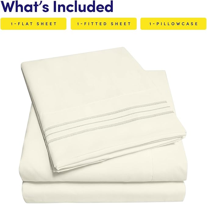 1500 Supreme Collection Twin XL Sheet Sets Ivory - 3 Piece Bed Sheets and Pillowcase Set for Twin XL Mattress - Extra Soft, Elastic Corner Straps, Deep Pocket Sheets, Twin XL Ivory