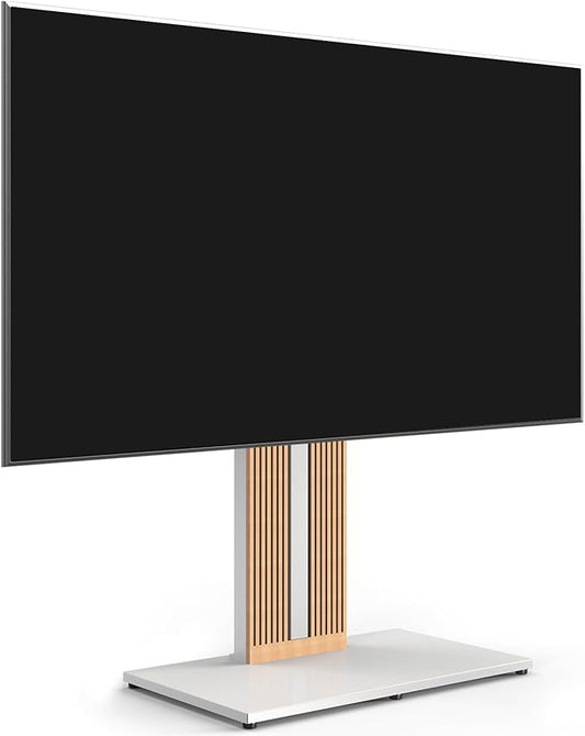 FITUEYES Design Wood TV Stand Swivel Mount with Hidden Back Storage for 55-88 inch TV Screens, Scandinavian Style Tall Floor TV Stand for Home Decor with Reinforced Base, Zen Series, White