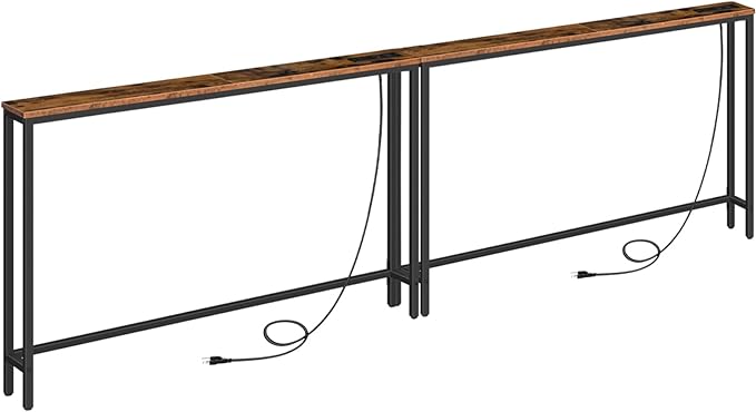 HOOBRO 2 Pack 5.9" Narrow Console Sofa Table with Power Outlets, 47.2" Long Behind Couch Table with Charging Station, Skinny Sofa Table for Living Room, Foyer, Rustic Brown BF15XGP201G1