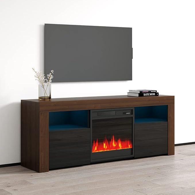 Meble Furniture Modern Rectangular TV Stand with Storage Cabinets & Electric Fireplace - Fits TVs Up to 65" - Walnut/Black