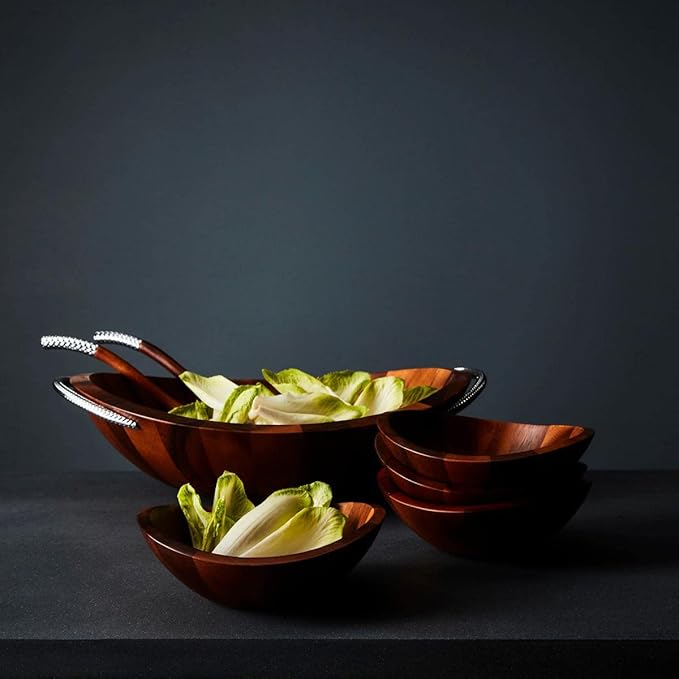 Nambe Braid Salad Bowls, Set of 4 - Designed by Sean O’Hara, Modern Scandinavian Acacia Wood Dining Bowls for Salads & Entertaining - Decorative Tableware for Serving Appetizers, Side Dishes, Snacks
