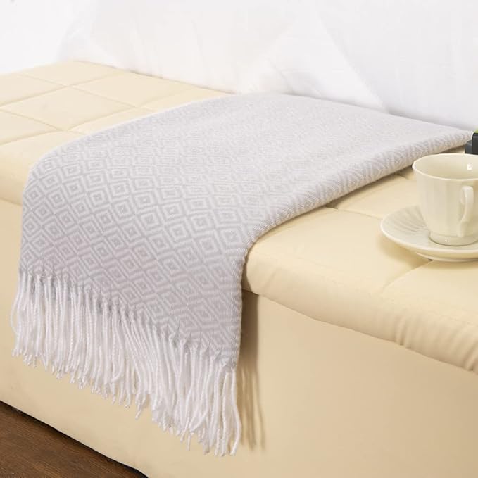 Gealaek Decorative Diamond Lattice Faux Cashmere Throw Blanket Light Grey Fringe Lightweight Fuzzy Soft Cozy Throws for Sofa Bed Farmhouse Throw Blanket 50" x 60"