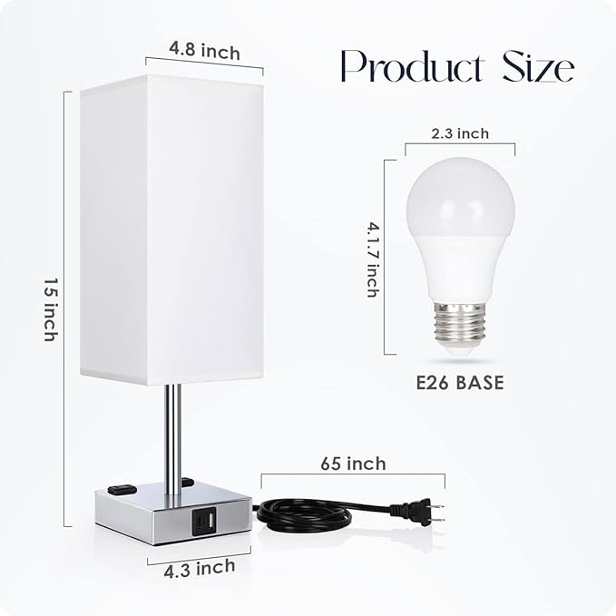 Bedside Lamp with USB Ports - Touch Control Table Lamp for Bedroom with USB C+A Charging Ports & AC Outlets, 3 Way Dimmable Nightstand Light for Living Room (LED Bulb Included, Chrome - White)