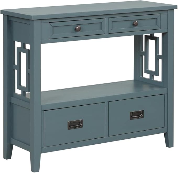 36 Inch Country Farmhouse Console Table with 4 Drawers and 1 Storage Shelf Pine Wood Material for Entryway Entrance Living Room Bedroom Hallway Kitchen (Blue)