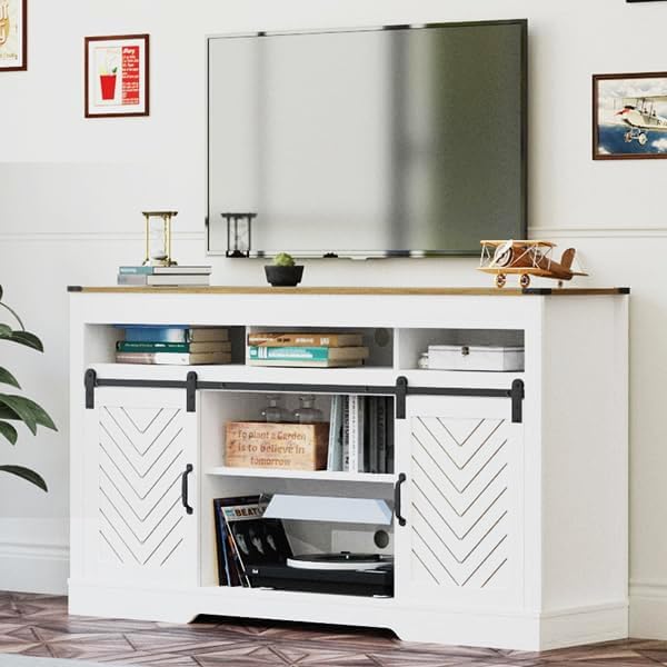Farmhouse TV Stand for 65+ Inch TV, Tall Entertainment Center with Sliding Barn Doors, Rustic Wood Storage Cabinet Television Media Console for Living Room, Bedroom (Wood-Tone and White)