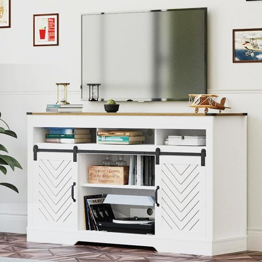 Farmhouse TV Stand for 65+ Inch TV, Tall Entertainment Center with Sliding Barn Doors, Rustic Wood Storage Cabinet Television Media Console for Living Room, Bedroom (Wood-Tone and White)