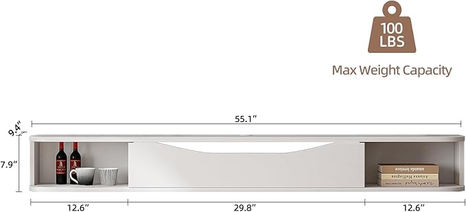 Floating TV Stand,55'' Wall Mounted TV Cabinet,Floating TV Console,Under TV Shelf with 1 Door and 2 Cabinets for TVs up to 65''(White)