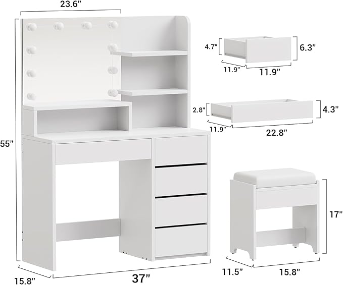 Vanity Desk with Mirror and Lights, 37-Inch Wide Makeup Vanity with Upholstered Vanity Stool, 5 Drawers Makeup Table with Lighted Mirror, 3 Lighting Modes Brightness Adjustable for Bedroom, White