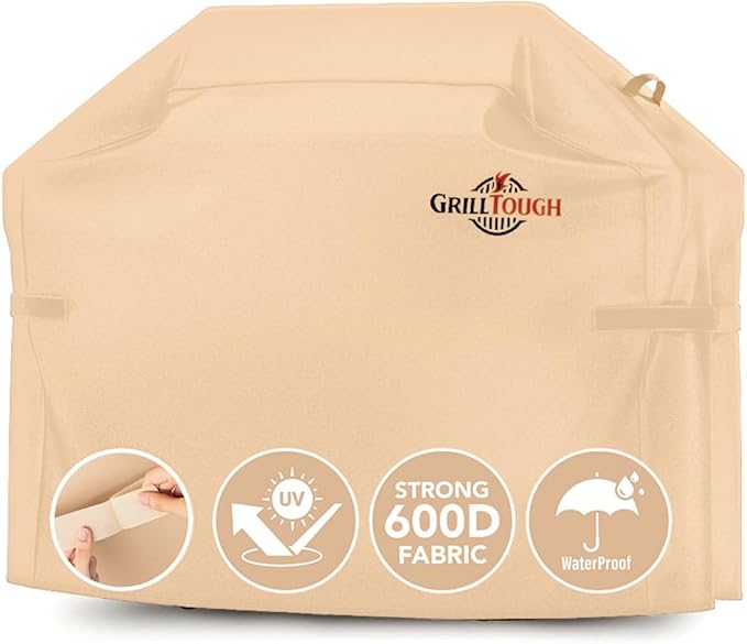 GrillTough Heavy Duty BBQ Grill Cover for Outdoor Grill, 52 Inch – Waterproof, Weather Resistant, UV & Fade Resistant with Adjustable Straps – Gas Grill Cover for Weber, Genesis, Charbroil, etc. Tan