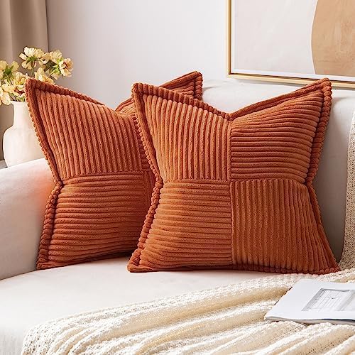 MIULEE Rust Fall Decorative Euro Sham Throw Pillow Covers for Couch Bed Livingroom 26x26 Inch Set of 2 Boho Accent Throw Pllows Broadside Striped Patchwork Soft Corduroy Pillowcases