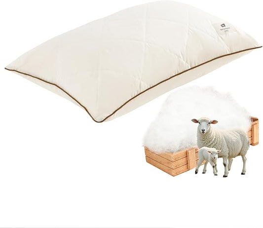 YOUR MOON Standard Size Organic Wool Pillow, Soft Support Bed Pillows for Sleeping, Natural Wool Filling, Luxury Down Alternative Pillow for Side & Back Sleepers, 100% Cotton Cover (Beige)