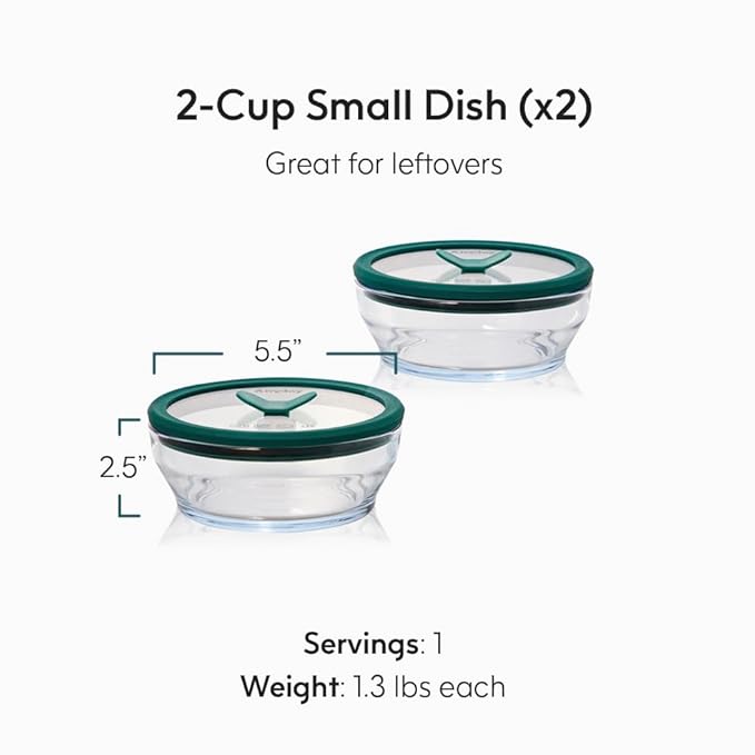Anyday 2-Pack (2-Cup) Glass Food Storage Set with Glass Lids | Plastic-Free Meal Prep Set | Stackable Airtight Storage Container Set with Vented Lid for Microwave-Safe Reheating