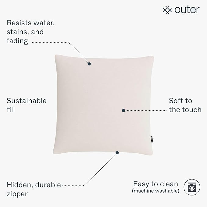 Outer Outdoor Throw Pillow with OuterWeave Performance Fabric, Decorative Outdoor Pillow for Patio & Outdoor Furniture, Includes Machine Washable Pillow Cover and Insert - Pailsades Cream, 18"x18"