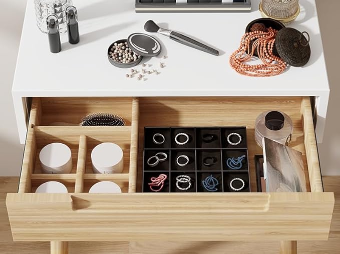 ARTETHYS Small Vanity Desk Set with 3 Adjustable Lighted Mirror and Storage Shelf White Tiny Makeup Vanities Set with Drawer for Bedroom 24 Inch Compact Dressing Table for Mini Space