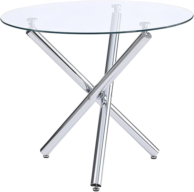 5-Piece Round Glass Dining Table Set for 4 Modern Kitchen Table with 4 Dining Chairs Set Round Circle Table and PU Upholstered Chairs Set for Small Space (Silver Black, 5 Pieces Set)