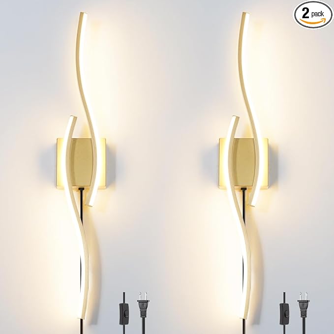 Modern Gold Plug in Wall Sconce Set of 2, Indoor Dimmable Light Fixture with Plug in Cord for Living Room, LED Sconces Lighting with Remote Control, Wall Lighting Decor for Hallway Bedroom