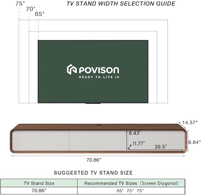 POVISON Fully-Assembled Minimalist Floating TV Stand, Modern Wall-Mounted Entertainment Center with 3 Flip-Down Cabinet Doors, Solid Wood Media Console, Walnut & Black, 70.87"