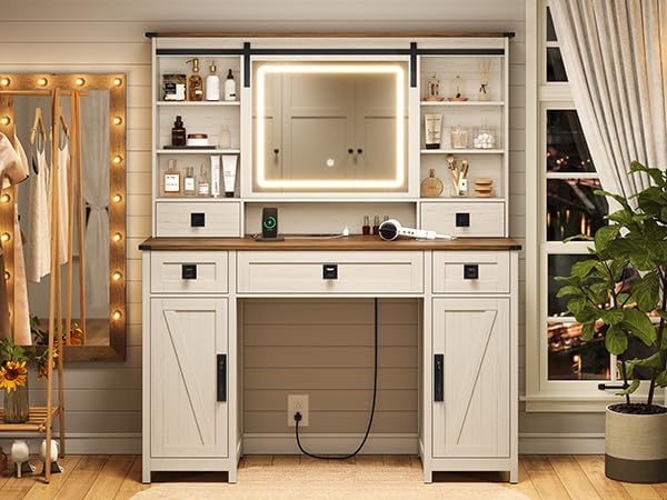 AOGLLATI Farmhouse Makeup Vanity Desk with Lights & Charging Station,Vanity Desk with Mirror and Lights, 47.2” Large Brown Vanity Table with Ample Storage Space and Sliding Mirror (Antique White)