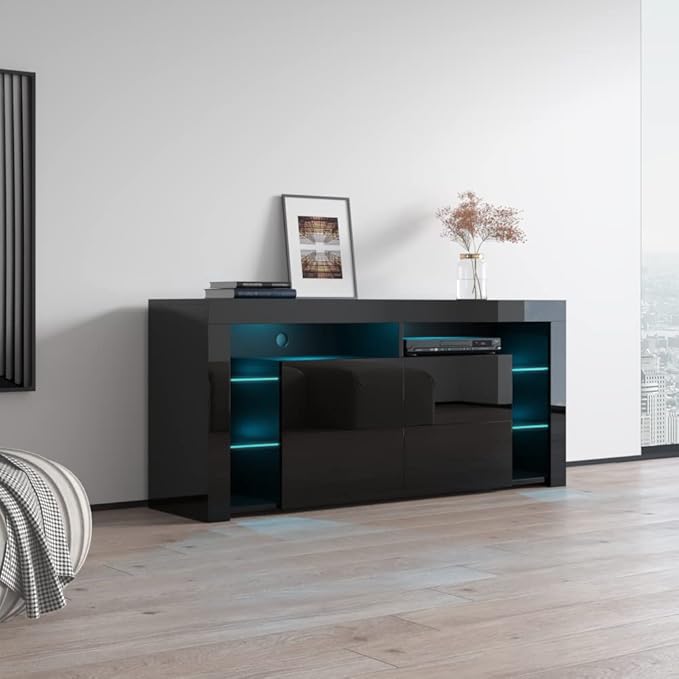 Meble Furniture Minelli 61" TV Stand with LED Light System - Modern TV Stand with Storage Cabinets - LED TV Stand for Living Room - Media Entertainment Center Console Table for TVs up to 70'' - Black