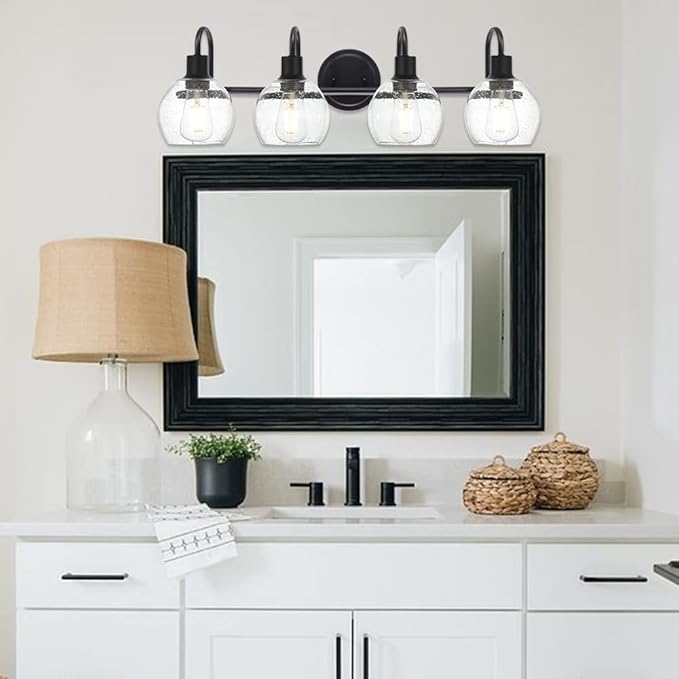 4-Lights Contemporary Bathroom Light Fixtures Over Mirror with Seeded Globe Glass Shades, Black Rustic Vanity Wall Lighting for Bedroom Dressing Cabinet