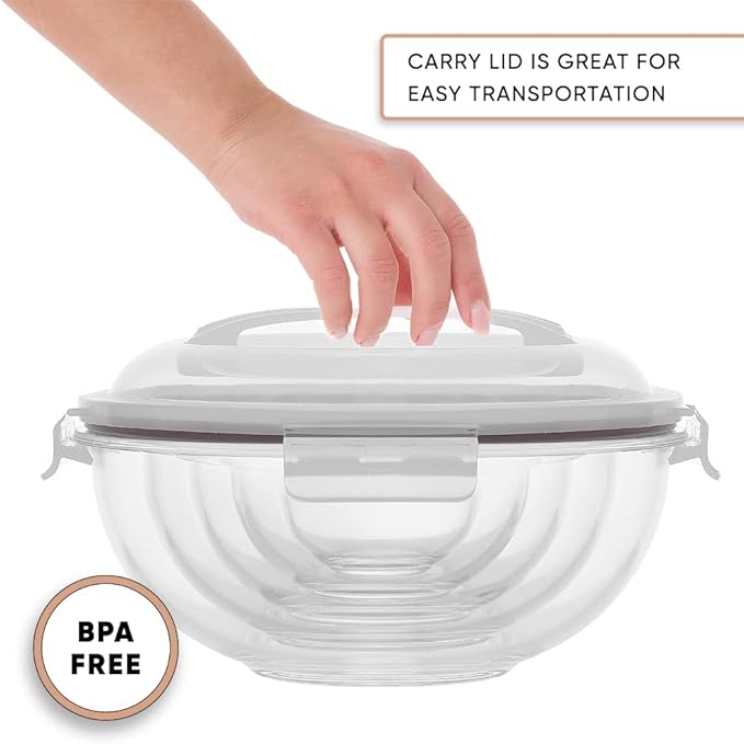 JoyJolt Kitchen Mixing Bowls. 5pc Glass Bowls with Lids Set – Neat Nesting Bowls. Large Mixing Bowl Set incl Batter Bowl, Cooking Bowls, Storage Bowls with Lids and Big Salad Bowl with BPA-Free Lids