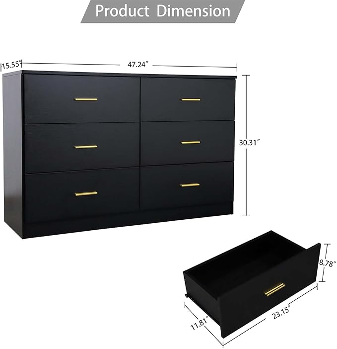 Modern 6 Drawer Dresser for Bedroom, Dresser Chest of Drawer with Large Drawers and Golden Handles, Wooden Dressers Drawer Storage Unit for Bedroom, Living Room or Closet (Black)