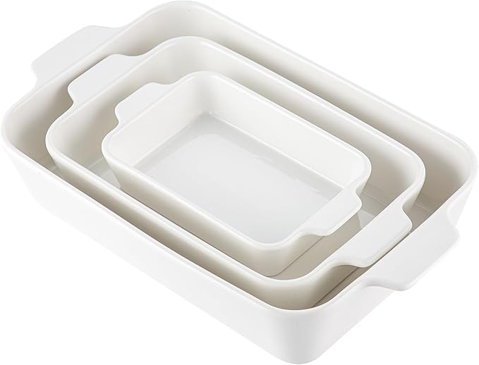 YUN TAO Casserole Dishes for Oven, Porcelain Baking Dishes, Ceramic Bakeware, Rectangular Lasagna Pans Deep with Handles for Baking Cake Kitchen,Cake Dinner,3-Piece (Set of 3, White) (White, 15.1 Inch)
