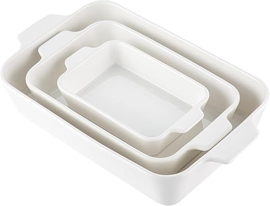 YUN TAO Casserole Dishes for Oven, Porcelain Baking Dishes, Ceramic Bakeware, Rectangular Lasagna Pans Deep with Handles for Baking Cake Kitchen,Cake Dinner,3-Piece (Set of 3, White) (White, 15.1 Inch)