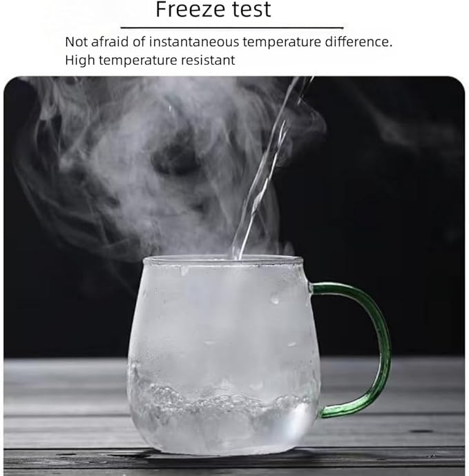 Set of 6 Borosilicate Glass Coffee Mugs with Different Color Handles (Black, White, Clear, Blue, Dark Green, Pink) – 450ml/16oz, Perfect for Coffee, Tea, and Beverages, Gift-Ready