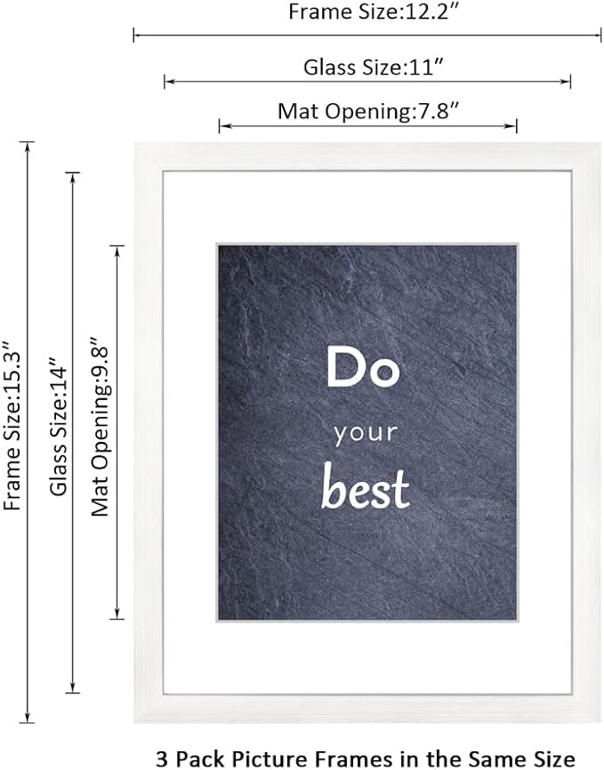 11x14 Picture Frame Set of 3 with Real Glass for Pictures 8x10 with Mat or 11x14 Without Mat, Wall or Tabletop Gallery Photo Frames in White