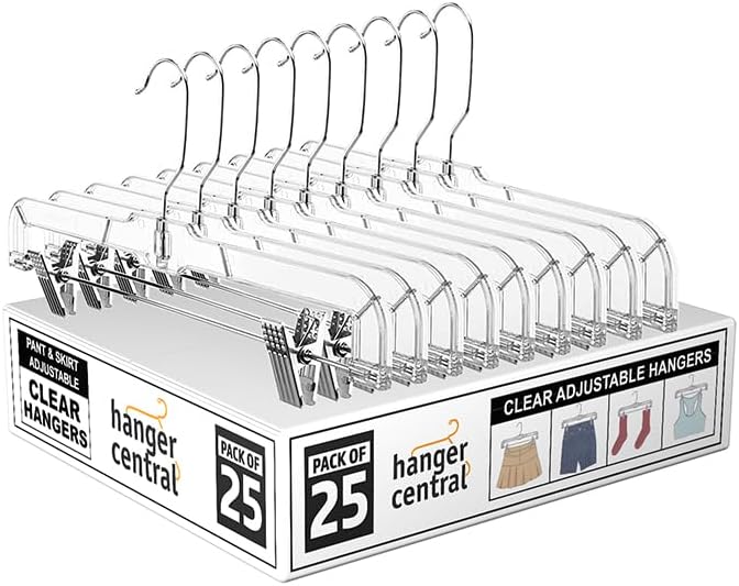 Hanger Central Premium 14 Inch Clear Pants Hangers with Adjustable Clips - 25 Pack Space-Saving Skirt Hangers - Non-Slip Heavy Duty Plastic Closet Organizers with 360° Swivel Hook