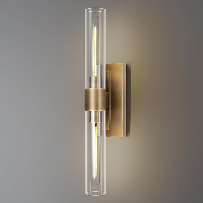 Brass Bathroom Vanity Wall Sconces, 2-Light Glass Tube Wall Sconces, 24 Inch Horizontal or Vertical Linear Wall Sconces,Gold Vanity Light, Indoor Wall Sconces, E26 Bulb Included
