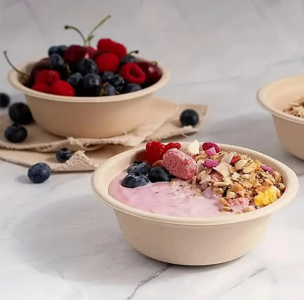 100 Pack 12oz Compostable Paper Bowls Small Disposable Soup Bowls White Natural Sugarcane Biodegradable Bowls for Ice Cream, Desserts, Salads, Pet Food