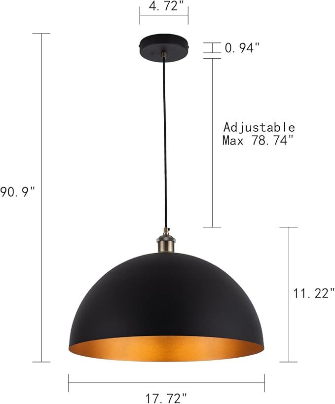 Vintage Pendant Light,Industrial pendant light,chandelier17.72 "Industrial Dome Pendant Light black and gold finish lighting fixture line length 78.74" Kitchen island, bedroom, hallway,farmhouse