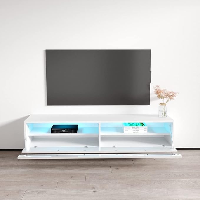 Meble Furniture Fly Type-35 Floating TV Stand - Rectangular Shape Modern High Gloss TV Stand with Storage Cabinets & Led Lights - Media Entertainment Center Console Table for TV Up to 70" - White