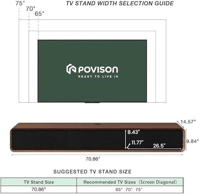 POVISON Fully-Assembled Minimalist Floating TV Stand, Modern Wall-Mounted Entertainment Center with 3 Flip-Down Cabinet Doors, Solid Wood Media Console, 70.87"